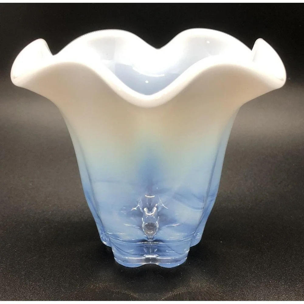Blue White Opalescent Fade Art‎ Glass Vase Ruffled Rim MCM Style 4